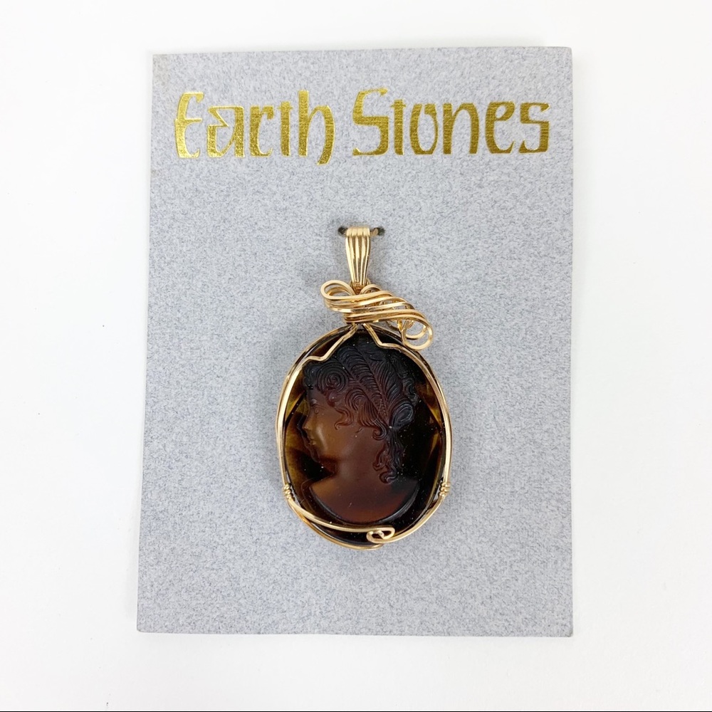 Handcrafted Earth Stones Intaglio Pendant Gold Filled Wire Wrap
